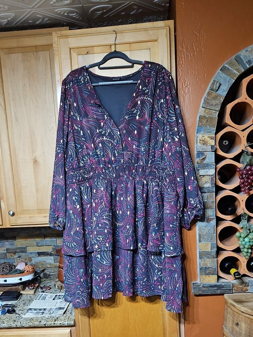 Torrid Smocked Waist Mini Dress Gray Blue Pink Gold Paisley Floral Tiered Ruffle